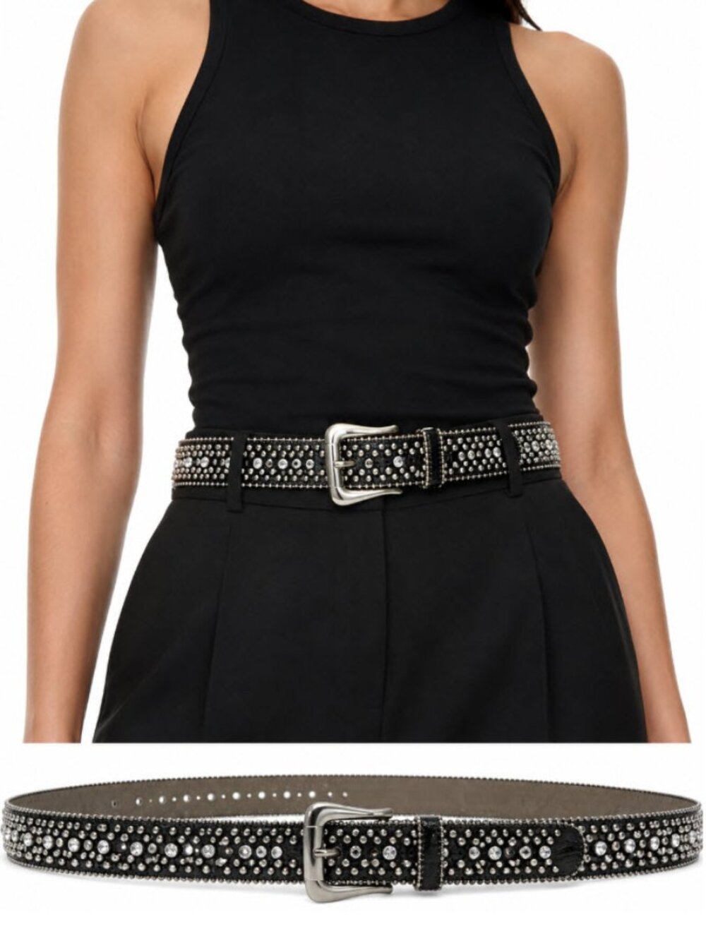 Guess Y2K Black Silver Studded Rhinestone Belt Size Medium Punk Rock